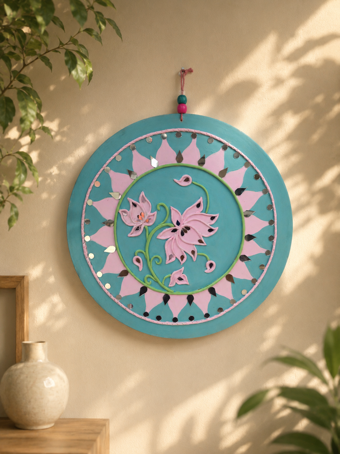 Sunlit wall hanging with floral motifs