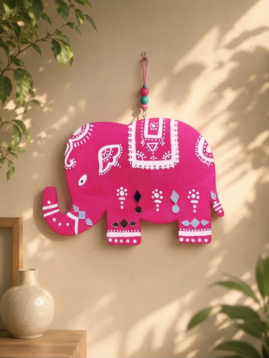 Handcrafted Traditional Elephant MDF Wall Hanging (Pink)