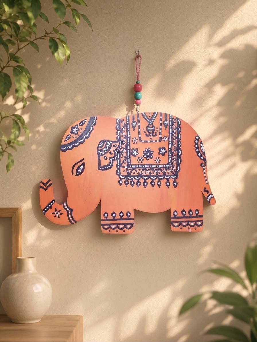 Handcrafted Traditional Elephant MDF Wall Hanging (Peach)