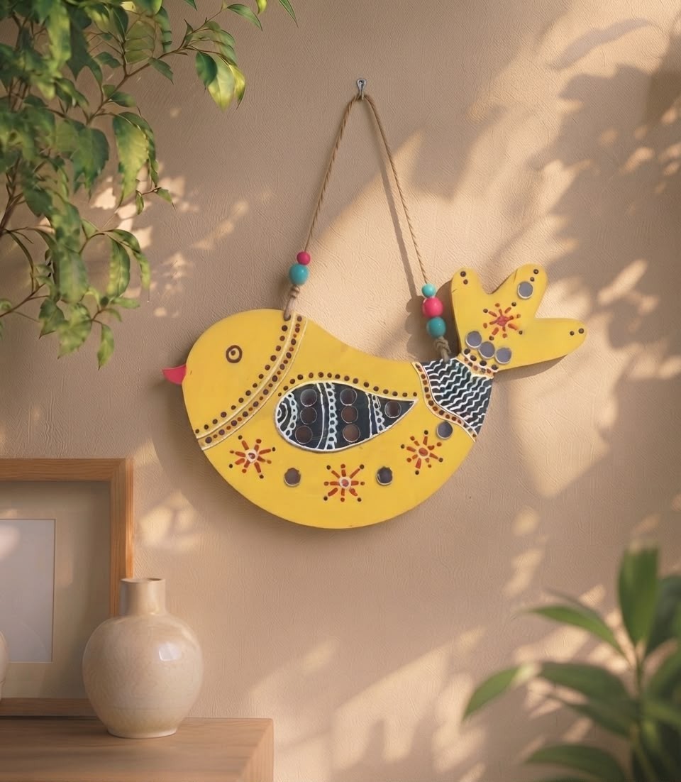 Handcrafted Folk Art Bird MDF Wall Hanging (Yellow)