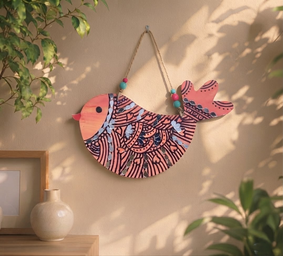 Handcrafted Folk Art Bird MDF Wall Hanging (Pink)