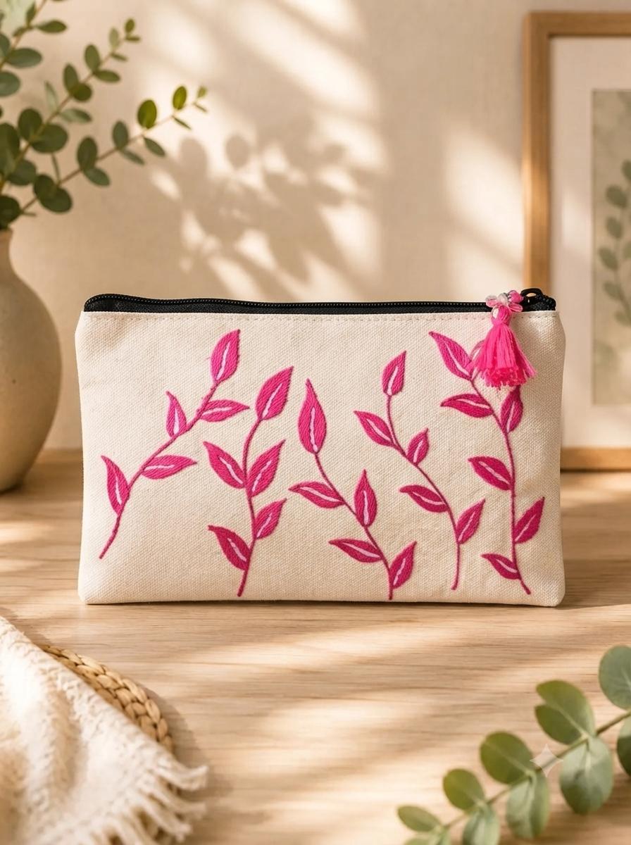 Pink Floral Embroidered Canvas Pouch