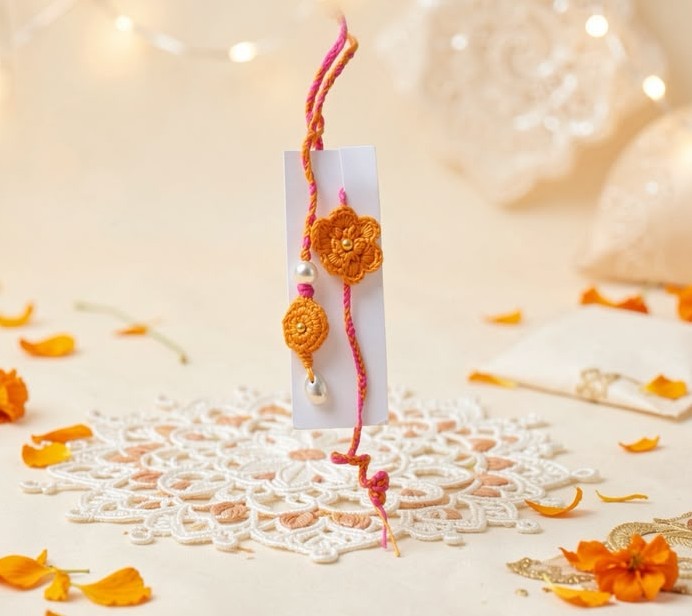 Dainty Sunshine Orange Crochet Blossom Rakhi Set 