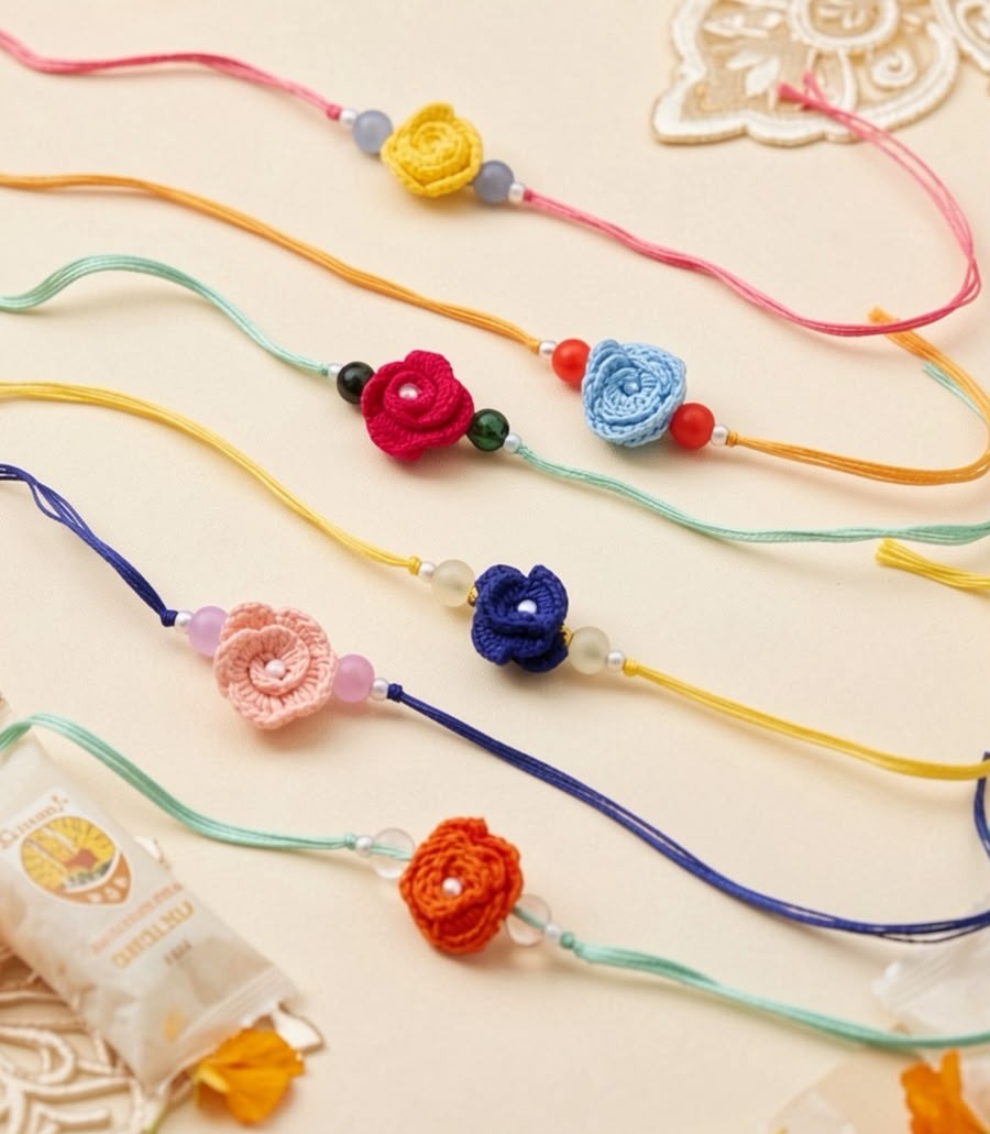 Delicate Hand-Knit Crochet Rosette Rakhi