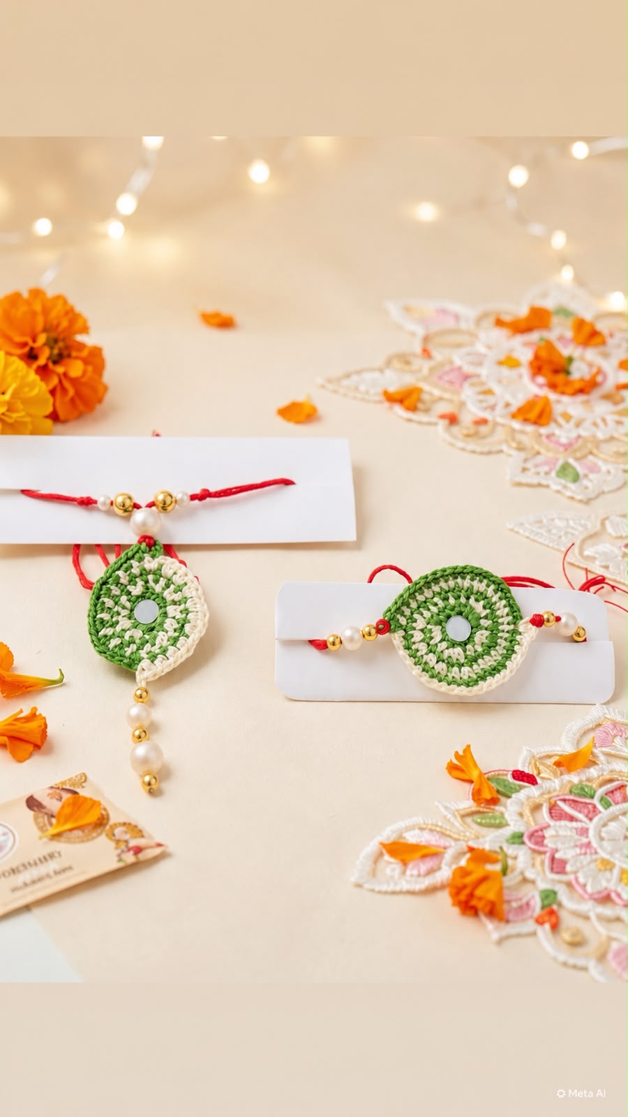 Traditional Green & Cream Crochet Mirror Rakhi Set