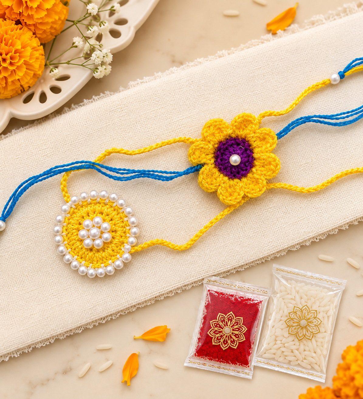 Handmade Crochet Floral Pearl Rakhi