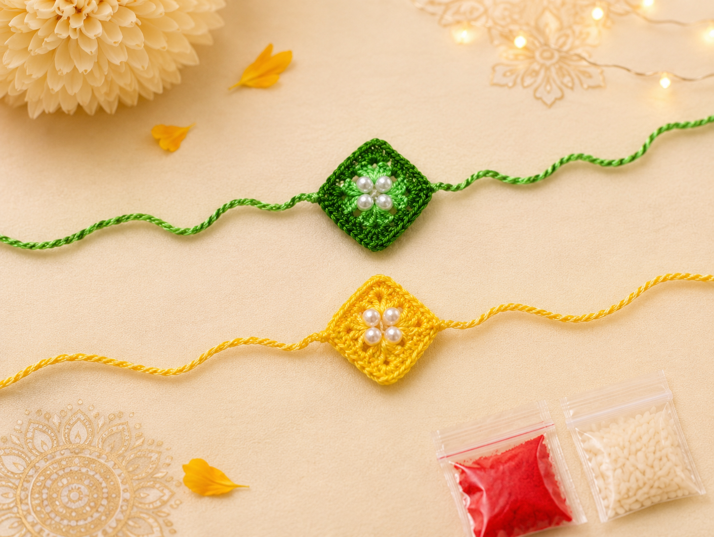 Handmade Crochet Diamond Pearl Rakhi